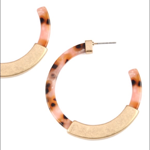 Blush PINK HALF METAL CAST tortoise shell post HOOP EARRINGS - Picture 7 of 10